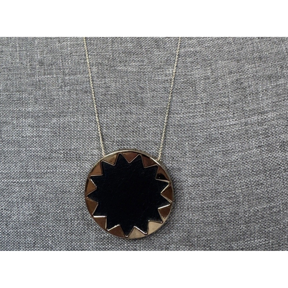 Vintage Gold Tone Large Pendant with Black Faux Leather Overlay and  Long Chain